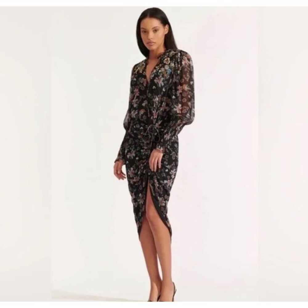 VERONICA BEARD Shaia Embellished 3-D Beaded Ruched Ruffle Sleeve Dress sz 8 $695 - Picture 7 of 8